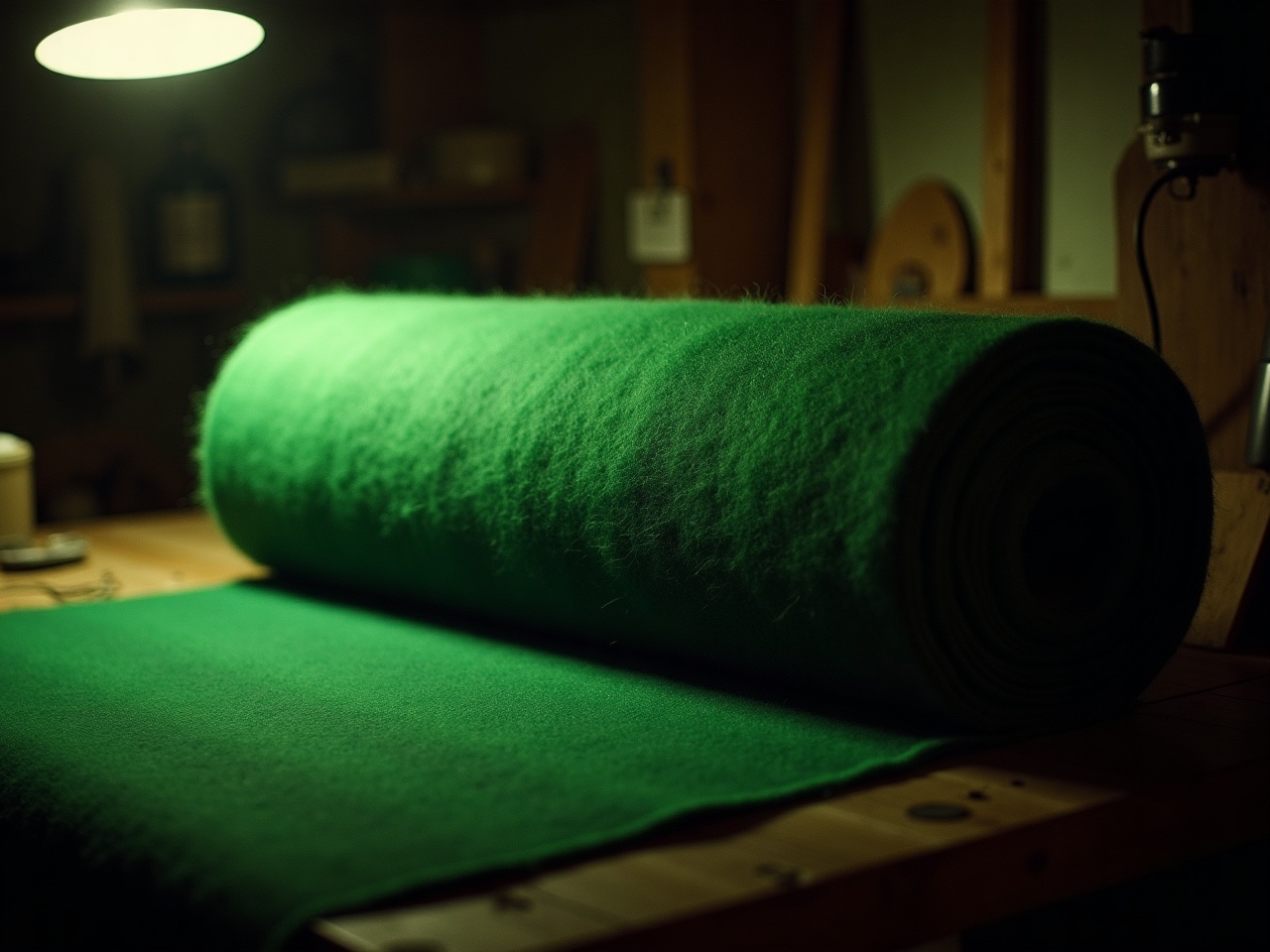 Wool-blend baize roll partly unrolled under warm light