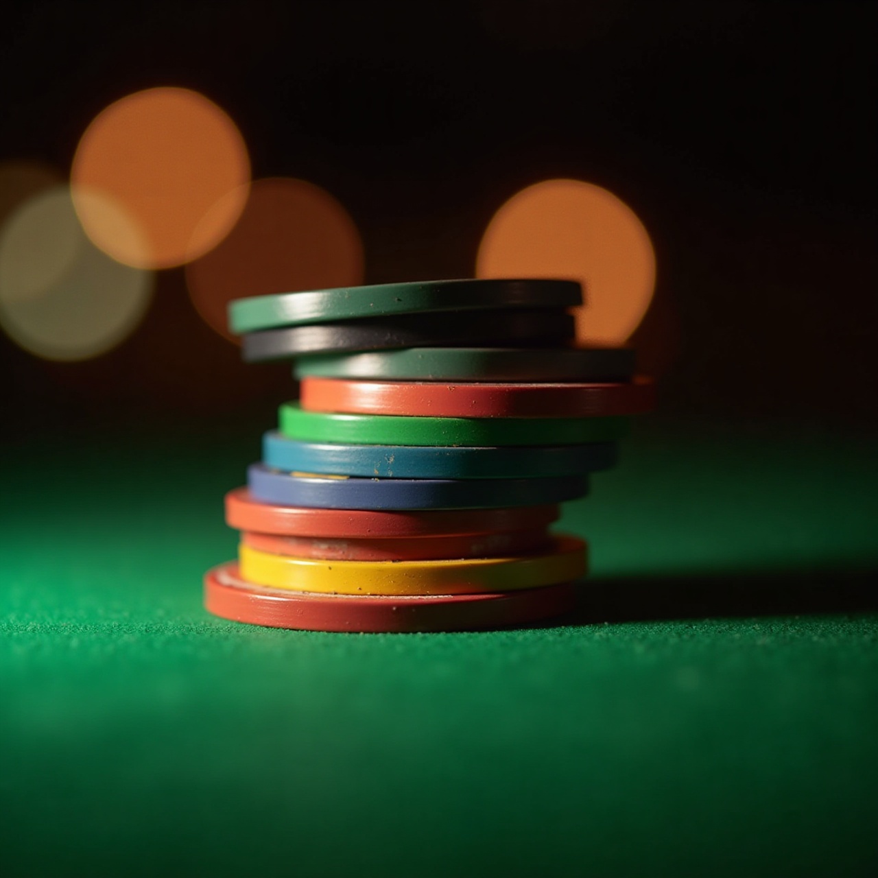 Stack of 300 ceramic poker chips on green felt