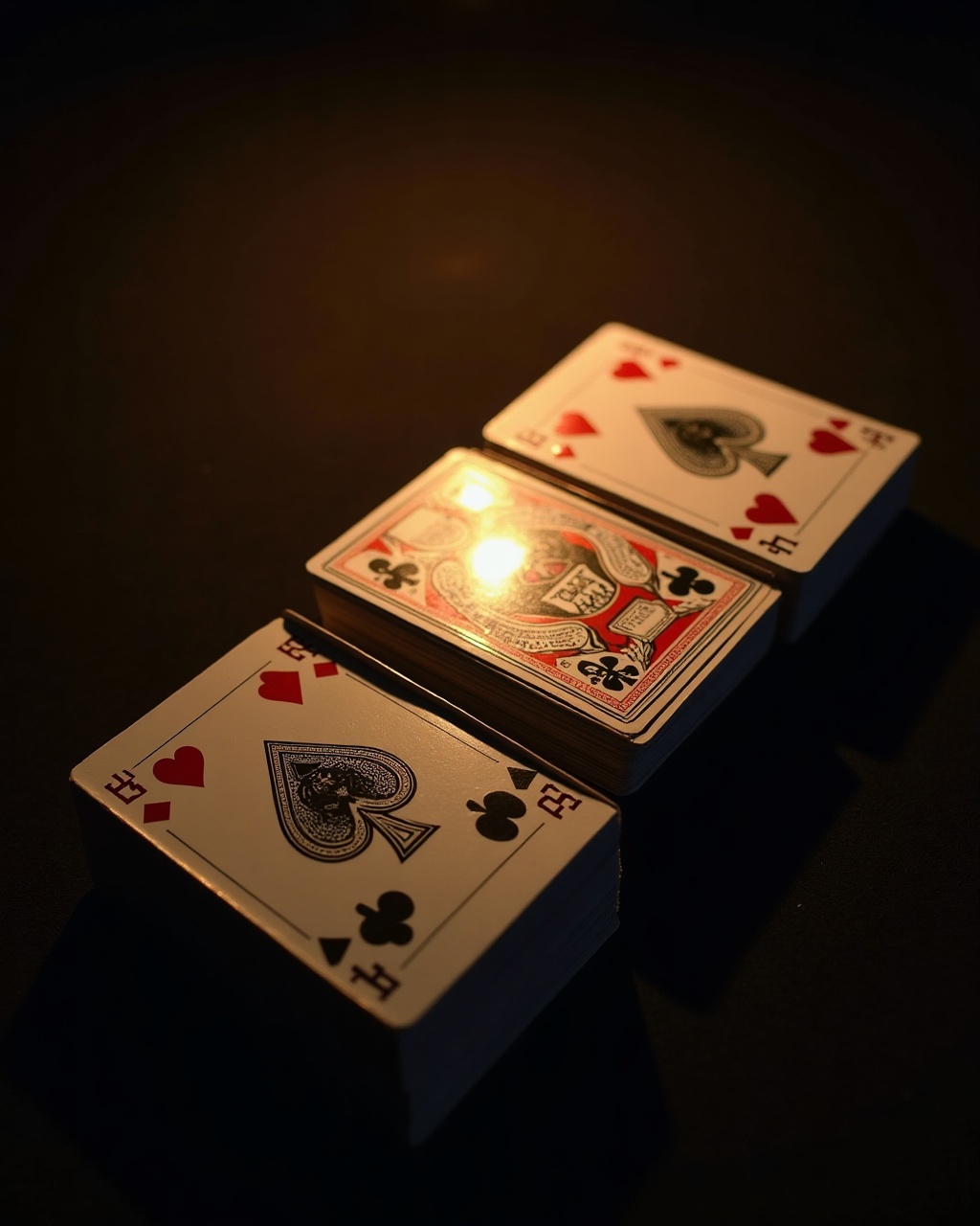 Twelve bridge-size paper card decks fanned on felt