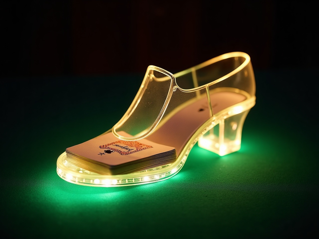 Eight-deck acrylic dealing shoe on felt table