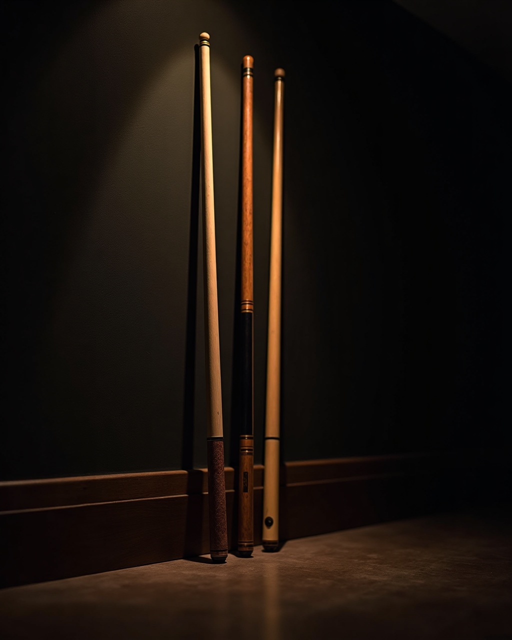 Set of four ash billiards cues with leather tips
