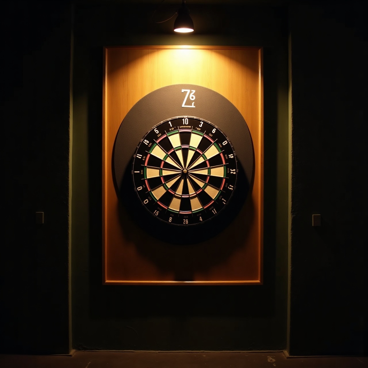 Bristle dartboard with padded surround mounted on wall