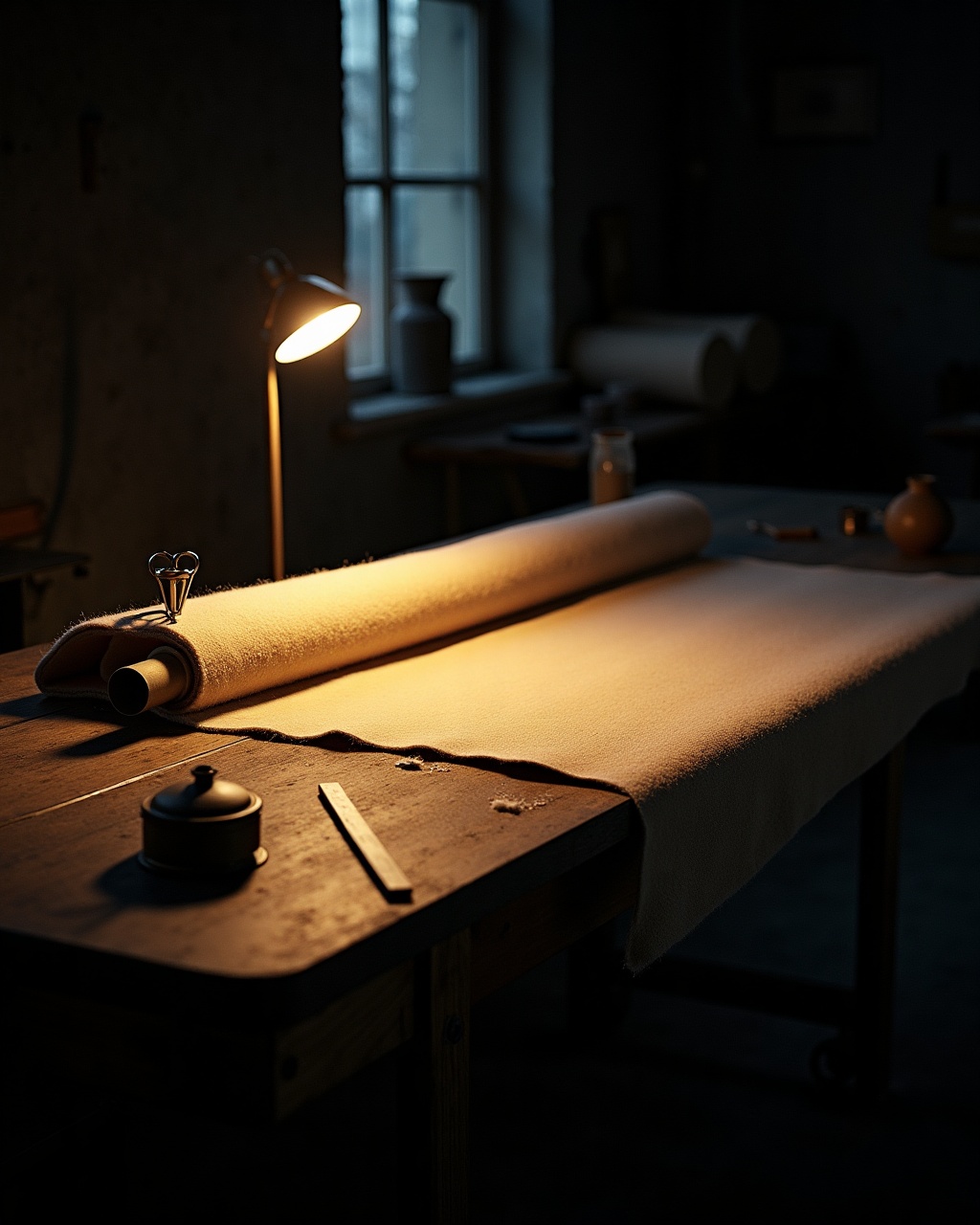 Wool-blend baize being cut to size on a workshop bench